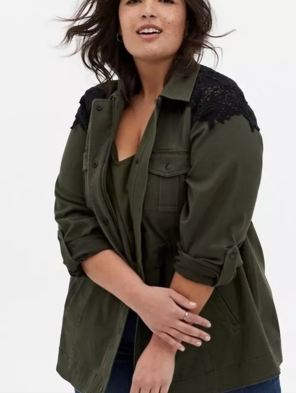 Torrid Olive Green Utility Jacket with Black Lace Shoulders